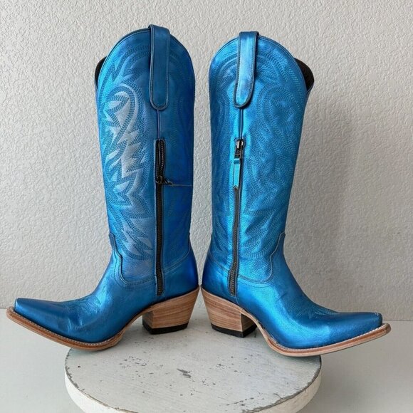 Lane SMOKESHOW Womens Cowboy Boots 7 Blue Leather Western Cowgirl Mid Calf Tall - Picture 10 of 15